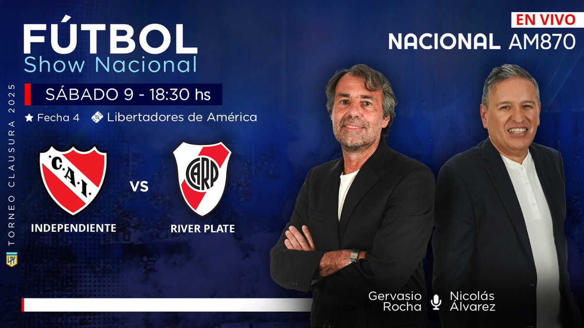 #FútbolShowNacional | ¡Partidazo en Avellaneda y lo vas a vivir por <a href="/NacionalAM870/">Radio Nacional AM 870</a>!⚽ 

Desde las 18:30 hs, transmitimos #Independiente vs #River en #AM870 📻

Relata <a href="/gervasiorocha64/">Gervasio Rocha</a> comenta <a href="/Alvarez73Nico/">NICOLÁS</a>
 Vestuarios <a href="/NazaScatto/">Scatto ⭐️⭐️⭐️</a> y <a href="/sebaleanza/">Seba Leanza</a>
  
 📻AM870
#TuRadio