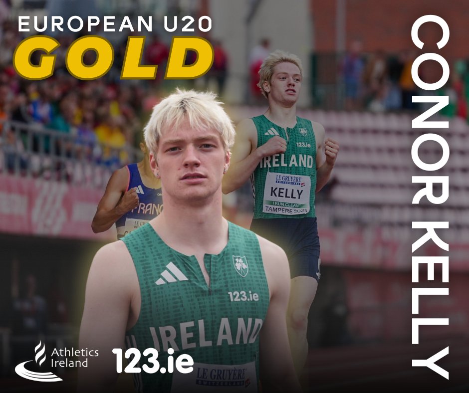 𝐆𝐋𝐎𝐑𝐈𝐎𝐔𝐒 𝐆𝐎𝐋𝐃 𝐅𝐎𝐑 𝐂𝐎𝐍𝐎𝐑 𝐊𝐄𝐋𝐋𝐘!!🥇

Conor Kelly (Finn Valley AC) has won gold in the 400m at the European U20 Championships in Finland🤩☘️

⏱️A stunning 45.83 NU20R🔥🔥 Outstanding!!!

📸 Eric Bellamy

#IrishAthletics | #Tampere2025 | @ask123ie |