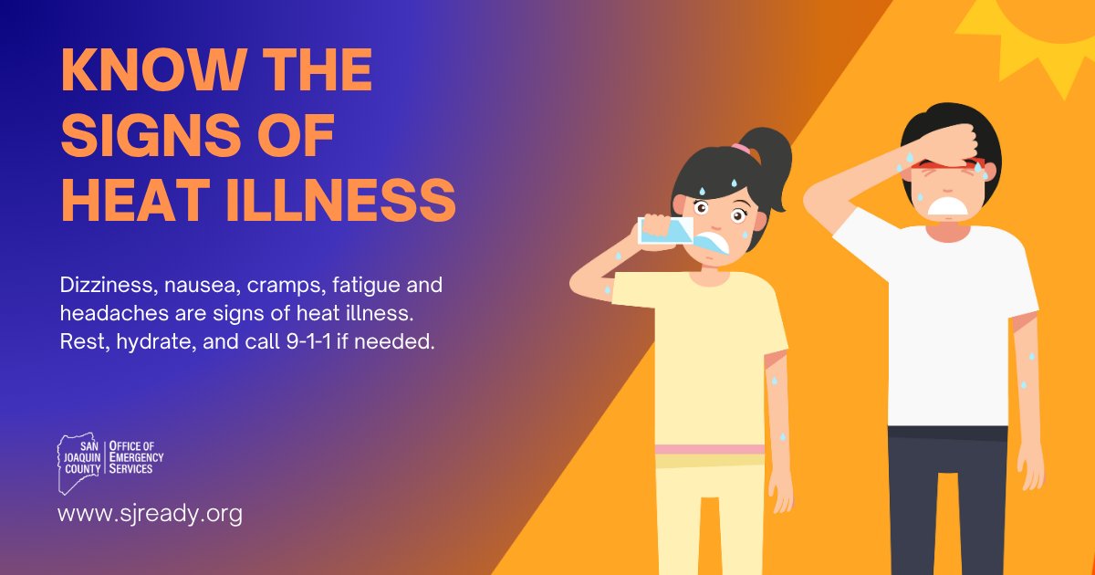 Summer heat can be dangerous. Your body needs time to adjust to rising temperatures. Dizziness, nausea, and headaches are signs of heat exhaustion. Rest, hydrate, and get help if needed. Learn more about heat illnesses at sjready.org.