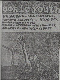 0st (@0sttttt) on Twitter photo 41 years ago today (August 9, 1984) <a href="/thesonicyouth/">Sonic Youth</a> played at <a href="/NSCADUniversity/">NSCAD University</a>.
<a href="/Sloanmusic/">Sloan</a> ‘s Jay Ferguson interviewed <a href="/nowjazznow/">Thurston Moore</a> & Steve about the show.
A video tape & recording are known to exist, but not circulating.
The band likely played “Bad Moon Rising” songs.📼 🎶 41 years ago today (August 9, 1984) <a href="/thesonicyouth/">Sonic Youth</a> played at <a href="/NSCADUniversity/">NSCAD University</a>.
<a href="/Sloanmusic/">Sloan</a> ‘s Jay Ferguson interviewed <a href="/nowjazznow/">Thurston Moore</a> & Steve about the show.
A video tape & recording are known to exist, but not circulating.
The band likely played “Bad Moon Rising” songs.📼 🎶