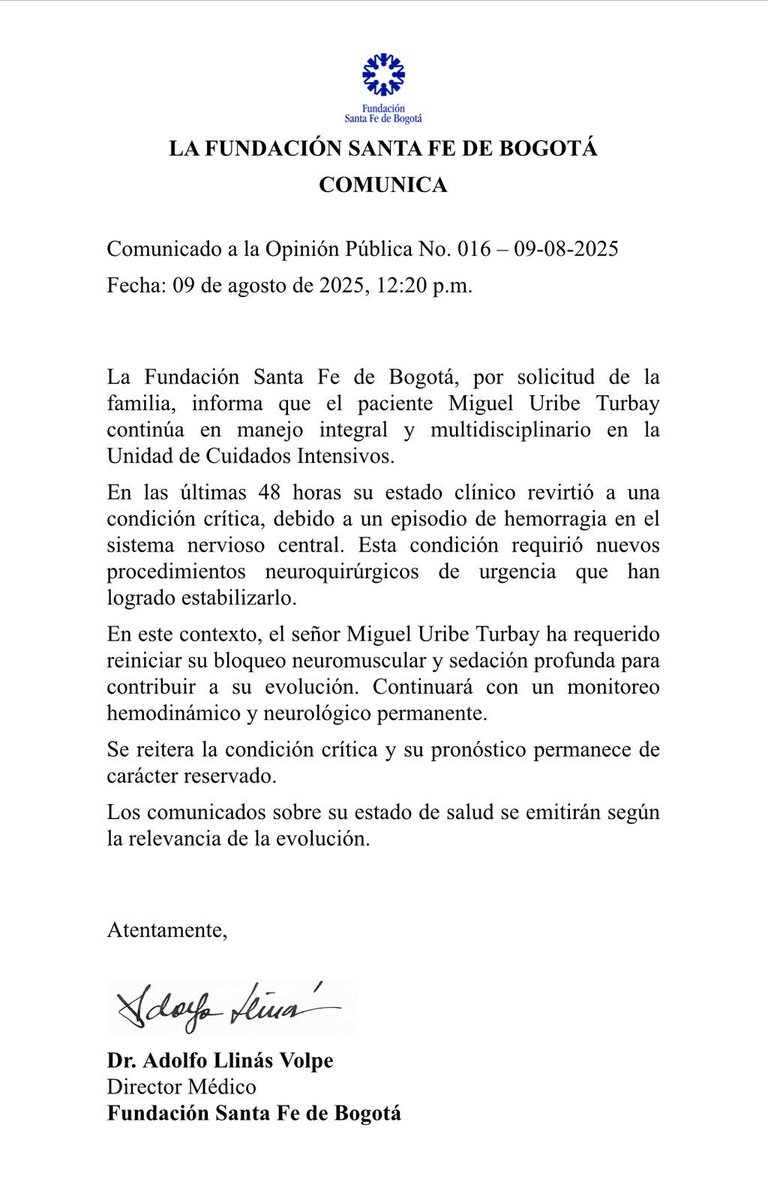 William Calderón (@calderonwiliams) on Twitter photo #ATENCION Estado de salud del precandidato <a href="/MiguelUribeT/">Miguel Uribe</a> revirtió a un estado “crítico” anuncia la Fundación Santa Fe #ATENCION Estado de salud del precandidato <a href="/MiguelUribeT/">Miguel Uribe</a> revirtió a un estado “crítico” anuncia la Fundación Santa Fe