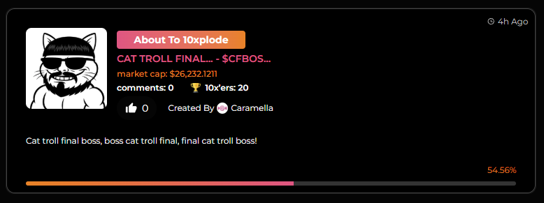 10xFun_io's tweet photo. 🚀 CAT TROLL FINAL BOSS $CFBOSS just snatched the About to 10xplode spot! 🐱💥

Will this be the 2nd token to graduate on #10xFun today? 🤯
Are we about to witness 2 graduations in 1 day? 👀🔥

https://t.co/1Bun1Qwkc5 https://t.co/sX4D0xAyAc
