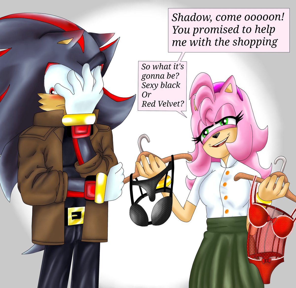 Brimdraws143 (open for Commissions) (@ofbrimful) on Twitter photo Lingerie shopping a #Shadamy random prompt that I decided to draw for fun and is probably, maybe, loosely based on "Second Chances" as a fanfic HC of Shadow needing Amy's scent during long missions.
Looking at you <a href="/AngelCouForever/">ForeverAngelCou🔞</a> Lingerie shopping a #Shadamy random prompt that I decided to draw for fun and is probably, maybe, loosely based on "Second Chances" as a fanfic HC of Shadow needing Amy's scent during long missions.
Looking at you <a href="/AngelCouForever/">ForeverAngelCou🔞</a>