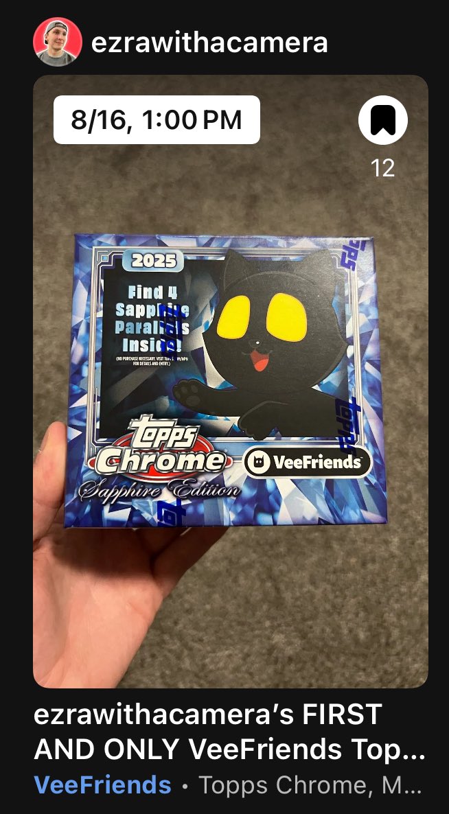 ezrawithacamera.eth (@ezrawithacamera) on Twitter photo My FIRST AND ONLY Topps <a href="/veefriends/">VeeFriends</a> Chrome Sapphire box break is next Saturday at 1pm ET!
32 spots, each spot guaranteed a Sapphire card.
Will also give away some limited edition original photography prints.
Box is from the Gift Goat NFT I minted back in 2021.
Bookmark below! My FIRST AND ONLY Topps <a href="/veefriends/">VeeFriends</a> Chrome Sapphire box break is next Saturday at 1pm ET!
32 spots, each spot guaranteed a Sapphire card.
Will also give away some limited edition original photography prints.
Box is from the Gift Goat NFT I minted back in 2021.
Bookmark below!