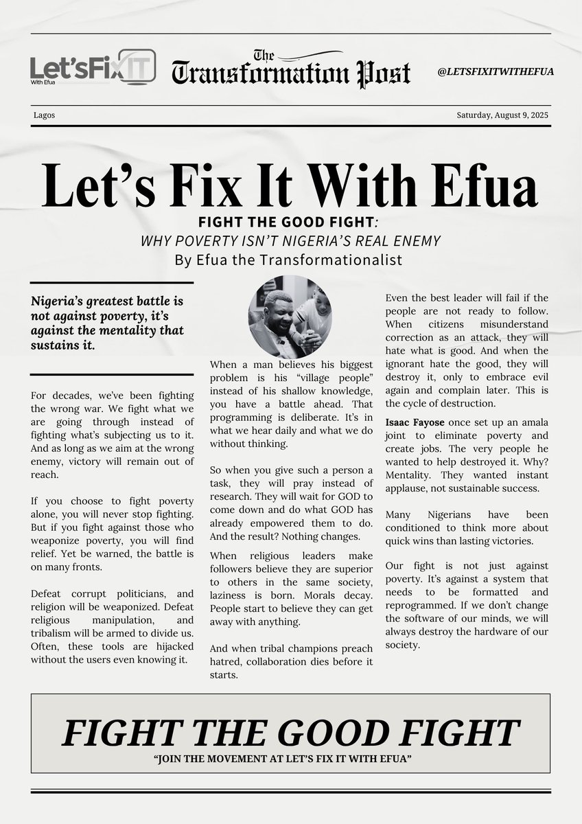 letsfixwithefua's tweet image. “Nigeria’s True War Is Against the Mindset That Destroys Progress”

Efua the Transformationalist

#FightTheGoodFight #LetsFixItWithEfua #EfuaTheTransformationalist #MindsetShift #Nigeria #ChangeTheNarrative #RenewMinds #TransformLives #EmpowerHumanity”