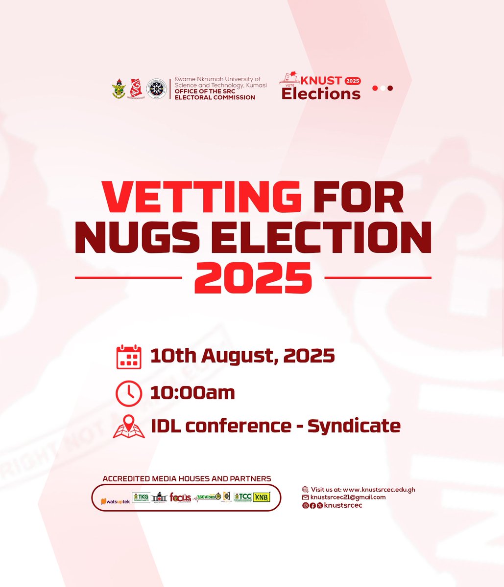There will be vetting for all KNUST NUGs aspirants this year.

Vetting is scheduled for 10th August 2025 at 10am at the IDL Conference, syndicate.

#KNUSTDecides25