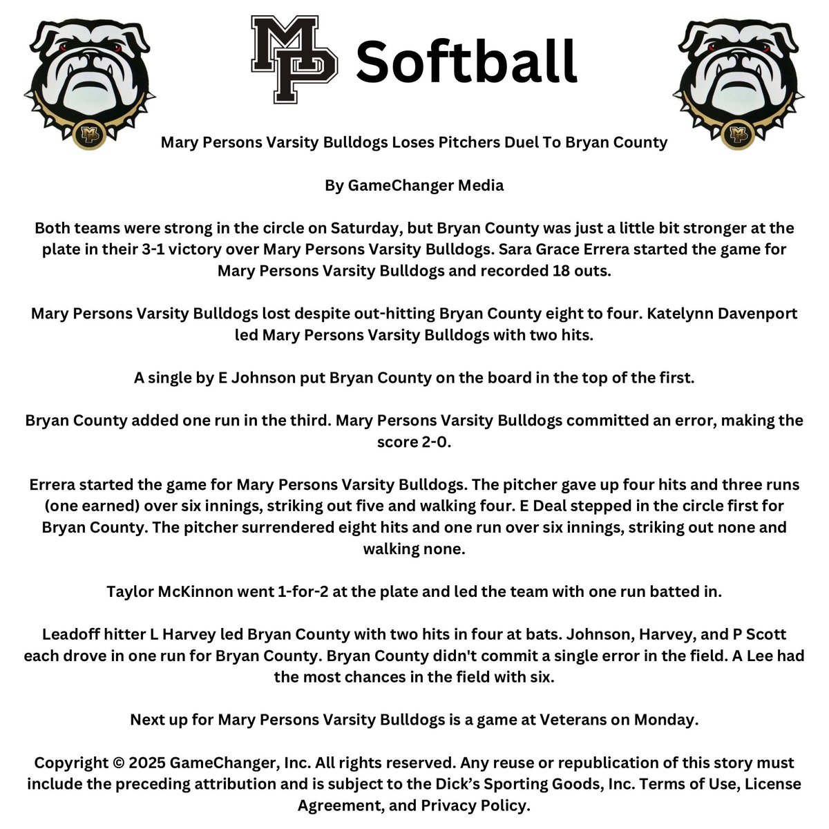 Bulldog Softball (@mpfastpitch) on Twitter photo Tough losses for the Bulldogs. Time to bounce back and be ready for Veterans on Monday. <a href="/IamaCHAMP91/">Mary Persons Athletics</a> <a href="/MCREPORTER/">MC Reporter</a> <a href="/CentralGaSports/">Central Georgia Sports Report</a> Tough losses for the Bulldogs. Time to bounce back and be ready for Veterans on Monday. <a href="/IamaCHAMP91/">Mary Persons Athletics</a> <a href="/MCREPORTER/">MC Reporter</a> <a href="/CentralGaSports/">Central Georgia Sports Report</a>