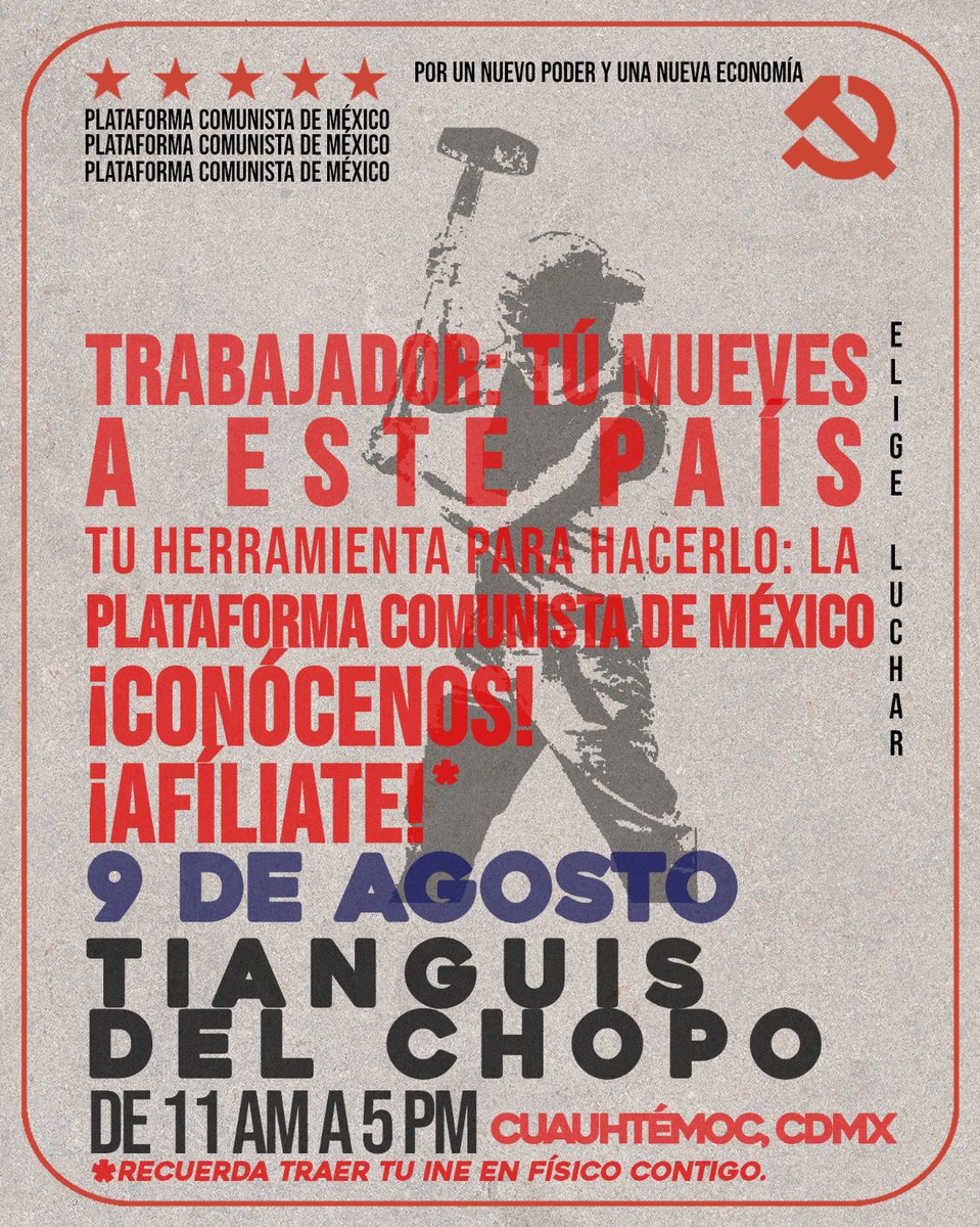 PlataformaPCM's tweet image. ¡Ya estamos en el Tianguis de El Chopo, CDMX!
Hoy, sábado 9 de agosto, ven a visitarnos ahora, conoce nuestras propuestas y decide luchar con tu clase social afiliándote.