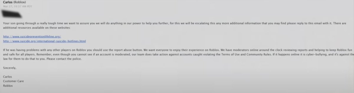 This is an email my mom got from Roblox after I made a suicide attempt after being groomed by a predator for years. I was in the hospital when this was sent. Roblox brushed her off.

Nearly a decade later I see very similar emails from Roblox regarding predators we get arrested