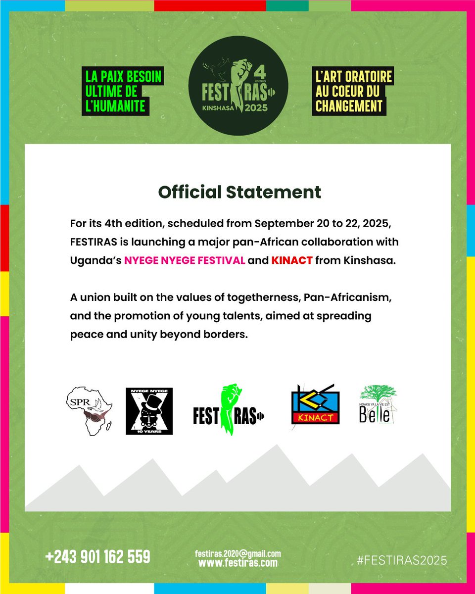 🌍 Alliance Panafricaine
<a href="/NyegeNyegeFest/">Nyege Nyege 10th anniversary</a>  x <a href="/festiras/">FESTIRAS</a> 2025
Août : Clôture Kinact 🎶
Sept : Fête commune à Kinshasa 🎤
Nov : En Ouganda pour #NyegeNyege10 ✈️

🎯 L’art dépasse les frontières, l’unité est notre arme culturelle ✊🏽
#Festiras4 #Kinact9 #NyegeNyege10