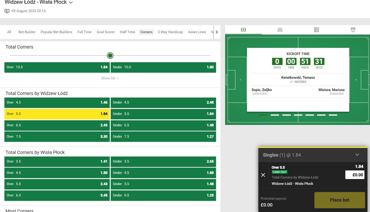 🚨Pre-match Bet🚨
🇵🇱Ekstraklasa
⏰7:15 PM (45min)
🆚Widzew Lodz v Wisla Plock
*Widzew Lodz Over 5.5 Corners
📊Odds 1.84 (Unibet)
💰Stake 2 units

**Bet365 1.72
    Pinnacle 1.72
    Russians 1.77
    Check locals
