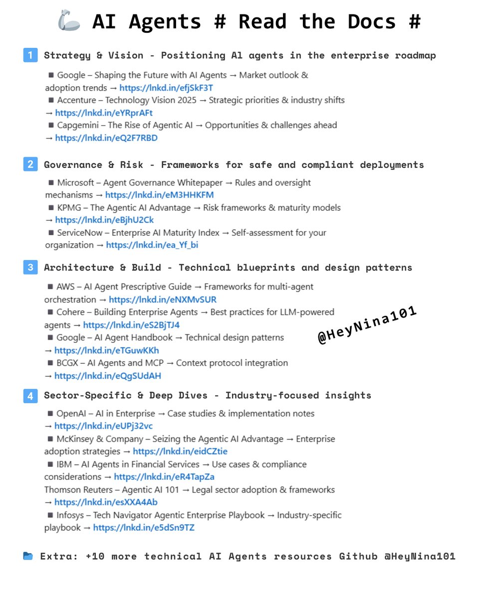 AI agents break for the same reason code breaks: no one reads the docs.

So here’s a shortcut: 15+ enterprise AI agent playbooks I keep bookmarked, organized into 4 categories so you can find exactly what you need without digging through 500+ pages.

𝟭. 𝗦𝘁𝗿𝗮𝘁𝗲𝗴𝘆 &amp;