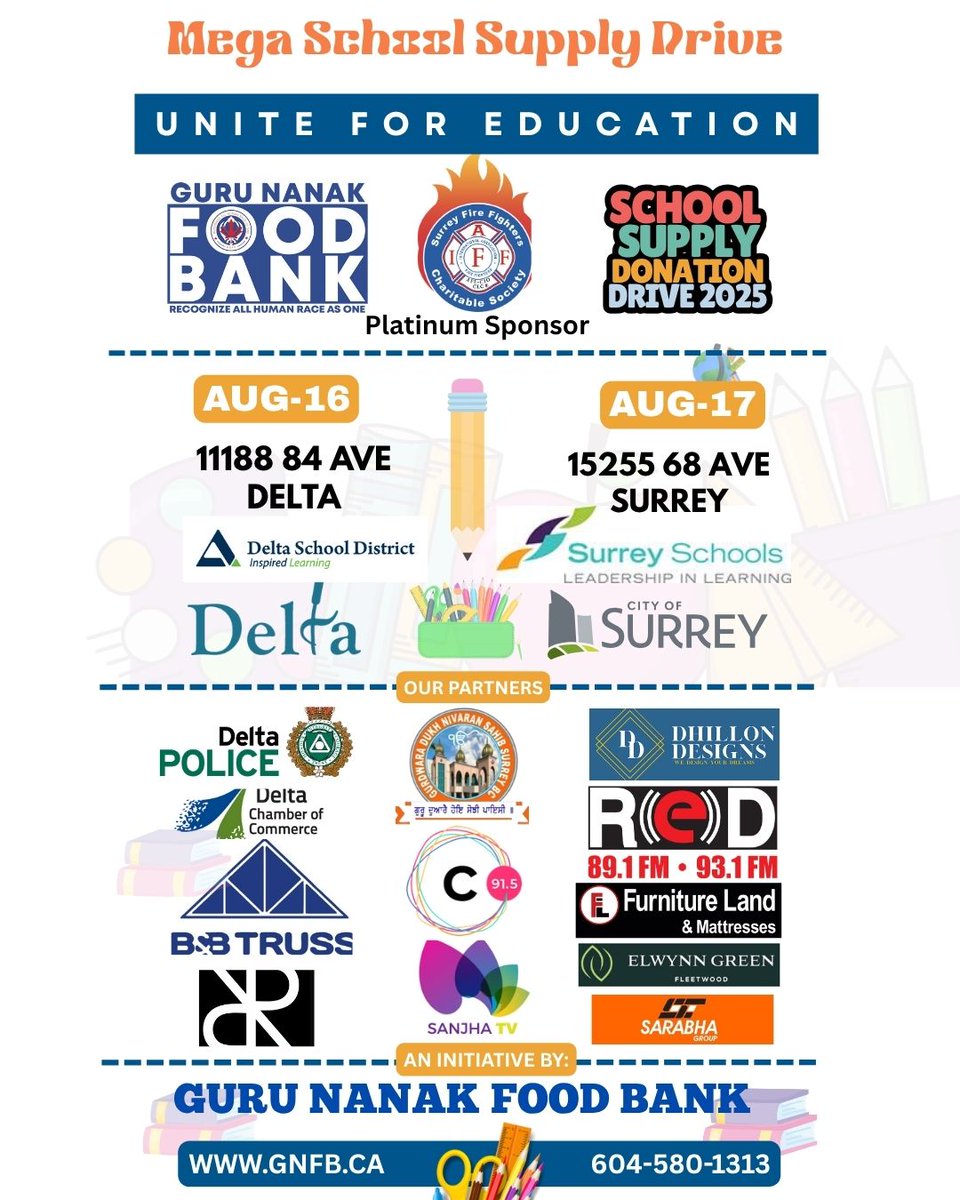 gnfbsurrey's tweet image. "📚✏️ Mega School Supply Drive!
📍 Aug 16 – Delta | Aug 17 – Surrey
Help us give every child the tools to succeed. 🏫
🎒 Donate school supplies &amp;amp; build a brighter Canada! 💙
#BackToSchool #SchoolSupplyDrive #GNFB #BetterCanada"