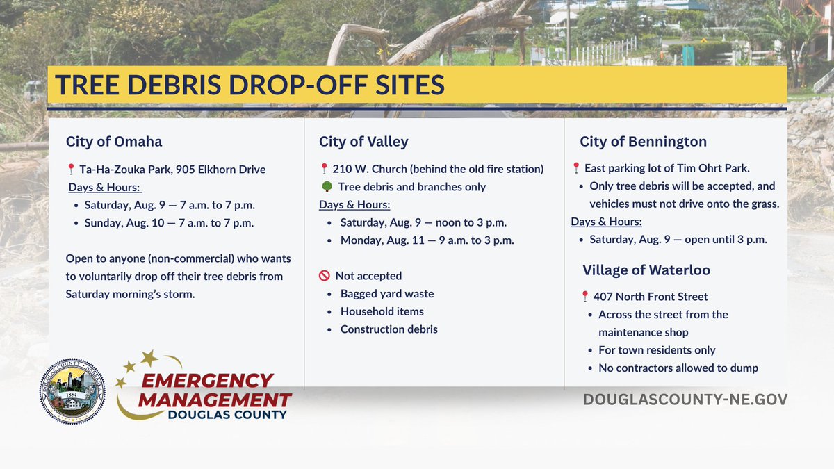Several Douglas County communities have set up designated tree debris drop-off sites for residents. Check the graphic below for locations, times, and rules for the City of Omaha, City of Valley, City of Bennington, and the Village of Waterloo. #TreeDebris #DouglasCounty #Nebraska