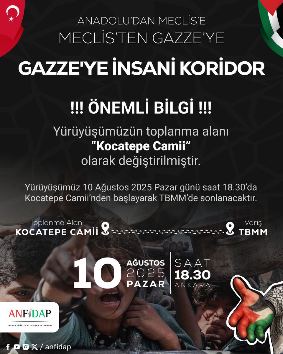 Yürüyüşe Davet

Anadolu'dan Meclis'e Meclis'ten Gazze'ye İnsani Koridor

Anadolu'yu savunan Gazze açlıktan ölüyor. Milli iradenin merkezi olan T.B.M.M'ye ve tüm siyasi partilere insani sorumluluğunu hatırlatıyor, Gazze'ye acilen insani koridor açılması talebiyle Meclis'e