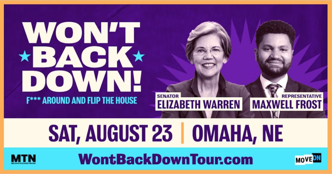 Nebraska Democratic Party (@nebraskadems) on Twitter photo In exactly two weeks, we welcome <a href="/SenWarren/">Elizabeth Warren</a> and <a href="/RepMaxwellFrost/">Congressman Maxwell Alejandro Frost</a> for a town hall in Omaha! The goal of this unique tour is to unite and rally in key GOP-held swing House districts, like #NE02. #NebDems
Sign up now before we are at capacity: mobilize.us/moveon/event/8… In exactly two weeks, we welcome <a href="/SenWarren/">Elizabeth Warren</a> and <a href="/RepMaxwellFrost/">Congressman Maxwell Alejandro Frost</a> for a town hall in Omaha! The goal of this unique tour is to unite and rally in key GOP-held swing House districts, like #NE02. #NebDems
Sign up now before we are at capacity: mobilize.us/moveon/event/8…