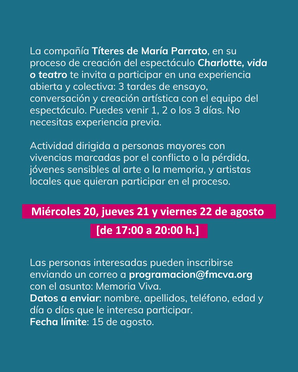 Cultura Castilla y León (@culturacyl) on Twitter photo La compañía de títeres María Parrato te invita a participar en el proceso de creación de su nuevo espectáculo: Charlotte, vida o teatro
📅 20, 21 y 22 de agosto (se puede acudir 1, 2 o los 3 días) <a href="/LavaVLL/">Laboratorio de las Artes de Valladolid :: LAVA</a> La compañía de títeres María Parrato te invita a participar en el proceso de creación de su nuevo espectáculo: Charlotte, vida o teatro
📅 20, 21 y 22 de agosto (se puede acudir 1, 2 o los 3 días) <a href="/LavaVLL/">Laboratorio de las Artes de Valladolid :: LAVA</a>