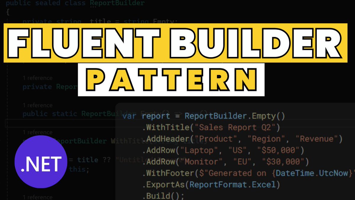 TechPoorna's tweet photo. 🚀 Build complex objects in C# the clean way with the Fluent Builder Pattern.  

Learn what it is, when to use it, and see a full .NET 9 example.  

👉 Watch now: https://t.co/LD8EWui0aX 

#csharp #dotnet #BuilderPattern #cleancode https://t.co/DSipzZ4GSL