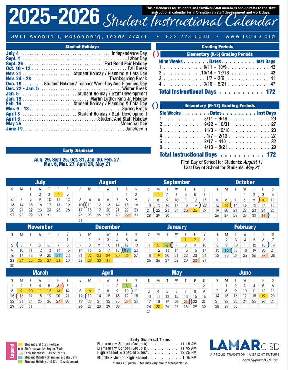 📅 Mark your calendars! The first day of school is Monday, August 11! 🏫✨ Stay informed and keep up with all the important dates for the year by checking out the Lamar CISD calendar. Be prepared for an exciting school year ahead! #WeAreLamarCISD #BackToSchool  🧡✏️📓📚🖍️📗