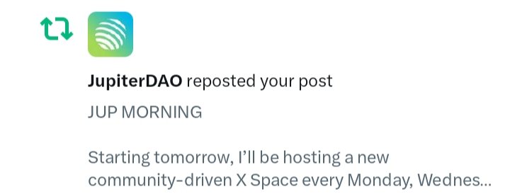 Helder (@web3helder) on Twitter photo do you want to be in the strongest and biggest community in crypto? Seek no more <a href="/jup_dao/">JupiterDAO</a> got you covered
Ever supportive and inspiring DAO ever 🫡
Join us on JUP MORNING on Monday 7:30am WAT and let's talk about JUPITER, your growth and let's onboard billions of people using do you want to be in the strongest and biggest community in crypto? Seek no more <a href="/jup_dao/">JupiterDAO</a> got you covered
Ever supportive and inspiring DAO ever 🫡
Join us on JUP MORNING on Monday 7:30am WAT and let's talk about JUPITER, your growth and let's onboard billions of people using