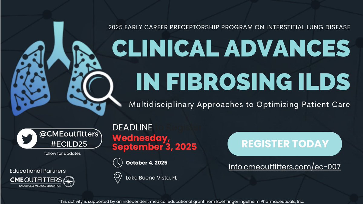 PF Warrior (@pfwarrior) on Twitter photo We're excited to support an event designed to give early-career healthcare professionals the
tools they need to diagnose earlier, treat more effectively, and advocate fiercely.
cmeoutfitters.com/activity/2025-…
#PulmonaryFibrosis
#ILDeducation
#LungHealth
#MedTwitter We're excited to support an event designed to give early-career healthcare professionals the
tools they need to diagnose earlier, treat more effectively, and advocate fiercely.
cmeoutfitters.com/activity/2025-…
#PulmonaryFibrosis
#ILDeducation
#LungHealth
#MedTwitter