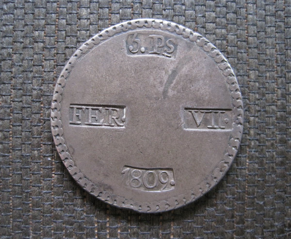 dracma76's tweet image. La #moneda del día  5 pesetas guerra de Independencia a nombre de Fernado VII.
Año: 1809.
Ceca: Tarragona.
Peso: 26,47g.
Diámetro: 40mm.
Anverso: 5. PS FER· VII· 1809·.
Reverso: Anepígrafa, Escudo de Tarragona. #numismatics #monedas #Coins #numismatica #Silvercoins #Napoleone