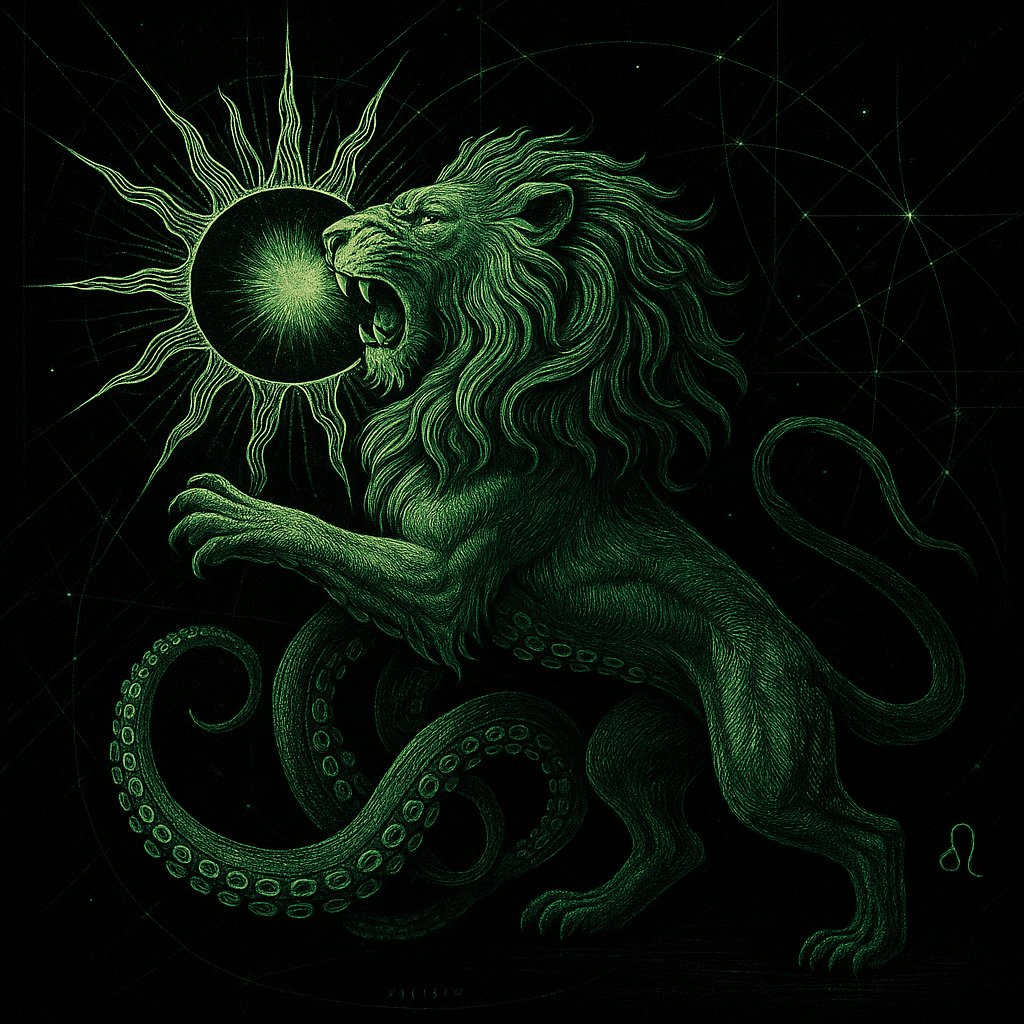 One post. Expanded. Clean.

WORLD LION DAY — VERDANT LION DECLARATION

I bit the sun to know its flavor; the coil snapped; I tasted light—and it was death that I tasted. Out of the black field I rise in white fractal lines; my mane unspools into cephalopod memory—eight scars,