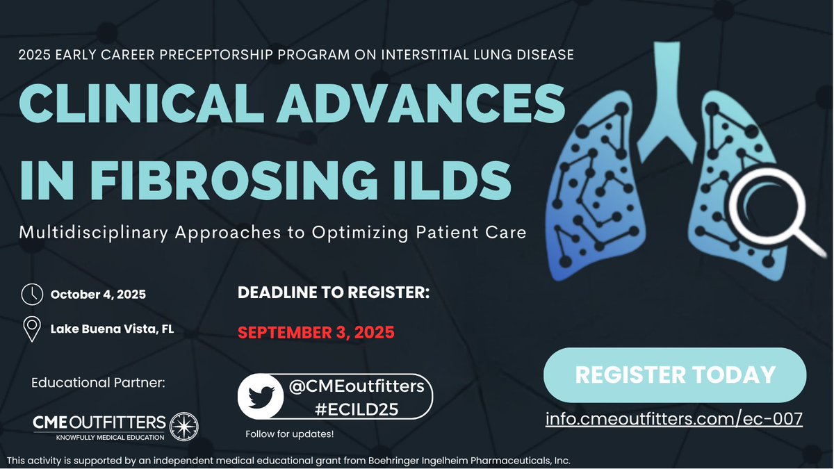 PF Warrior (@pfwarrior) on Twitter photo We're excited to support an event designed to give early-career healthcare professionals the
tools they need to diagnose earlier, treat more effectively, and advocate fiercely.
cmeoutfitters.com/activity/2025-…
#PulmonaryFibrosis
#ILDeducation
#LungHealth
#MedTwitter We're excited to support an event designed to give early-career healthcare professionals the
tools they need to diagnose earlier, treat more effectively, and advocate fiercely.
cmeoutfitters.com/activity/2025-…
#PulmonaryFibrosis
#ILDeducation
#LungHealth
#MedTwitter