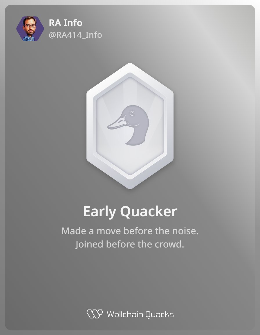 RA Info🆃 (@ra414_info) on Twitter photo Just unlocked the Early Quacker on <a href="/wallchain_xyz/">Wallchain Quacks</a> 🏆
How cool is that?
Feels great to have my contributions recognized.
How’s Wallchain Quacks been treating you so far?
Not on board yet? Drop a comment for an invite 👇🦆 Just unlocked the Early Quacker on <a href="/wallchain_xyz/">Wallchain Quacks</a> 🏆
How cool is that?
Feels great to have my contributions recognized.
How’s Wallchain Quacks been treating you so far?
Not on board yet? Drop a comment for an invite 👇🦆