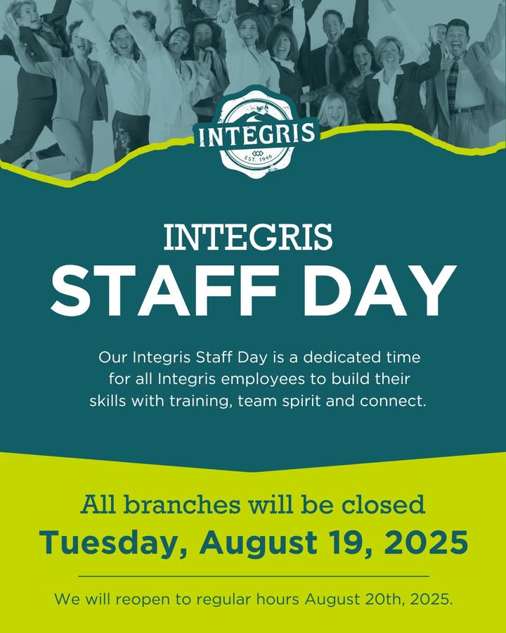IntegrisCU's tweet image. Heads up! We’ll be closed Tuesday, August 19 for our annual Staff Day—a chance for our team to learn, grow, and reconnect. Back to regular hours on August 20!
#IntegrisCU #StaffDay #NorthernBC