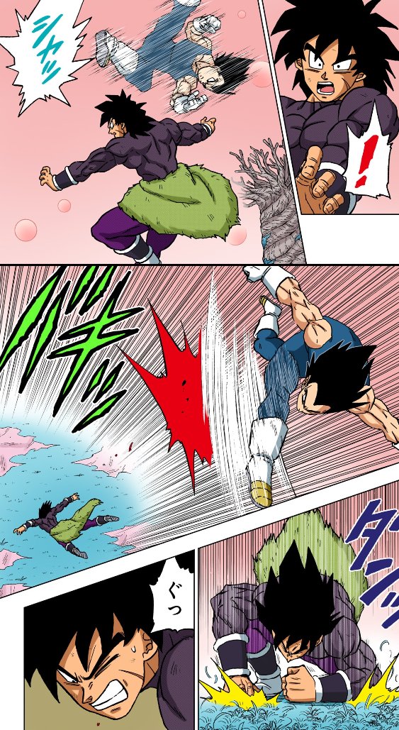 Vegeta Outmaneuvers Broly During Their Battle On Beerus' Planet As Vegeta Follows By Kicking Broly Right Back Down To The Ground.
Dragon Ball Super Manga

ビルスの惑星での戦いでベジータはブロリーを出し抜き、さらにベジータはブロリーを地面に蹴り倒す。
ドラゴンボール超マンガ