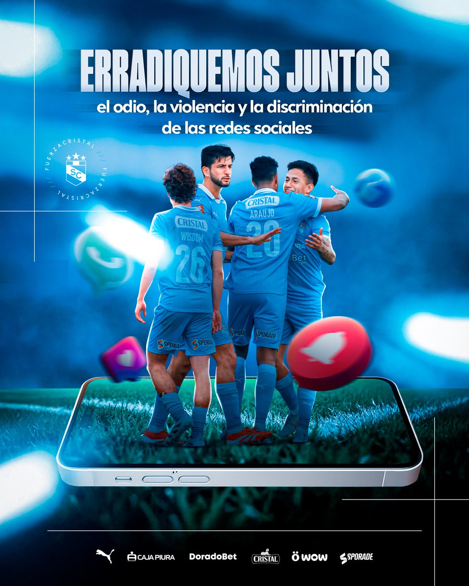 ClubSCristal's tweet image. En Sporting Cristal reafirmamos nuestro compromiso de decirle NO al odio, la violencia y la discriminación en el fútbol.

Hoy presentamos nuestra Política de Uso de Redes Sociales, para que el aliento celeste sea siempre un ejemplo dentro y fuera de la cancha.

Para conocer más…