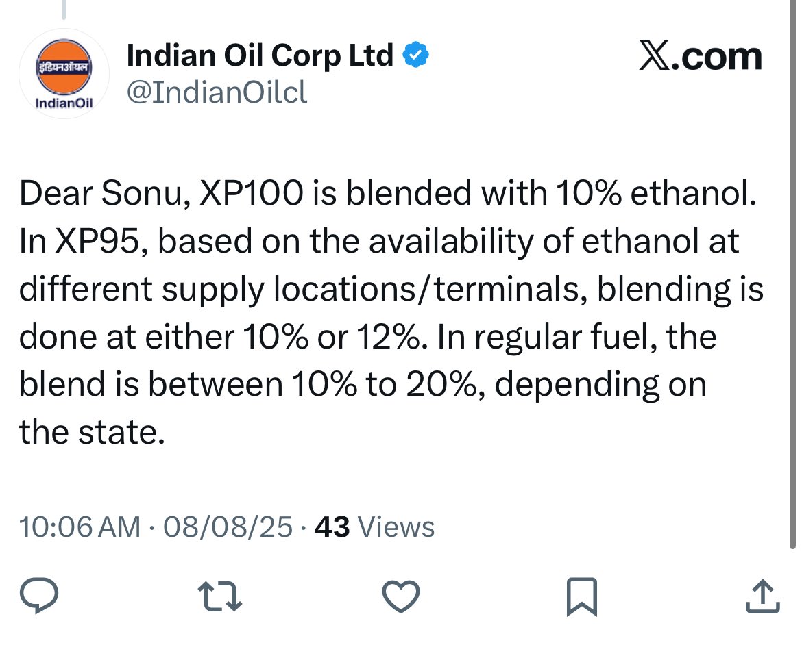 Indian Oil isn’t giving us any clarity. On X they are saying XP95 is 10-12% ethanol but in an RTI they said it is 20% ethanol.

Our e10 compliant cars and two-wheelers are on the mercy of God now.

(RTI data Shared by one of our respected Followers)