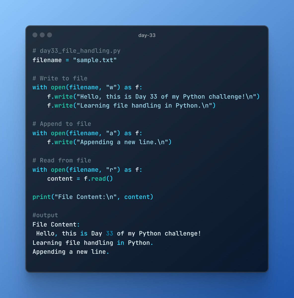 Gaurab_on_X's tweet image. Day 33️⃣ of my Python Challenge 📂
Create, write, append & read files in Python — all in a few lines of code!
Perfect for logs, configs & text processing.
#Python #FileHandling #100DaysOfCode #LearnToCode