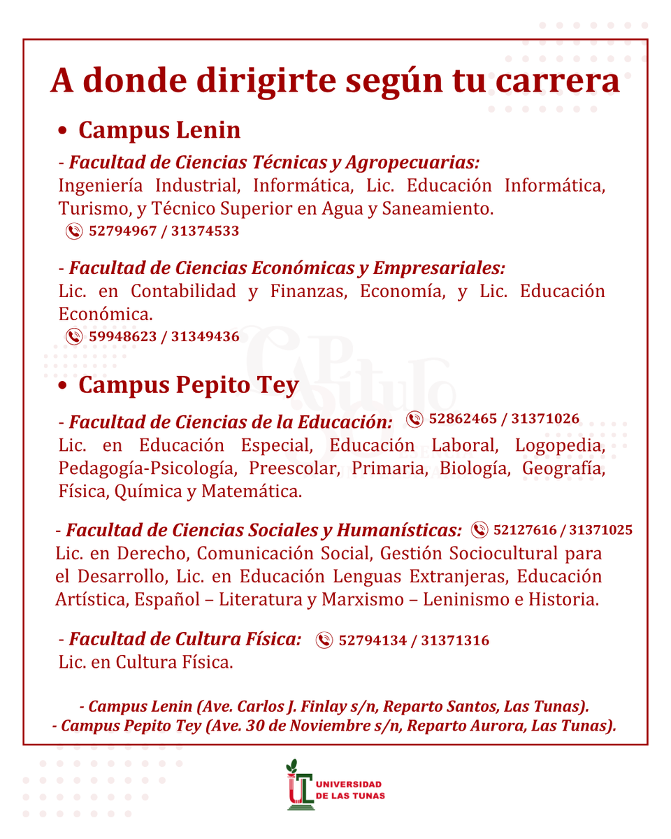 #Atención 
 Deja de deslizar y conoce  que la #ULTCuba informa a  los estudiantes de nuevo ingreso, que la matrícula se realizará del 27 al 29 de agosto en las secretarías de cada facultad, en horario de 8:30 am. a 3:00 pm.  
Conoce toda la información y la documentación 👇🏻.