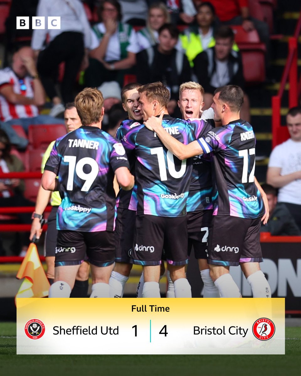 bbcbristolsport's tweet image. FULL TIME: Sheffield United 1-4 Bristol City

A dream start to the 2025-26 season. Goals from Scott Twine x2, Ross McCrorie and Anis Mehmeti at Bramall Lane.