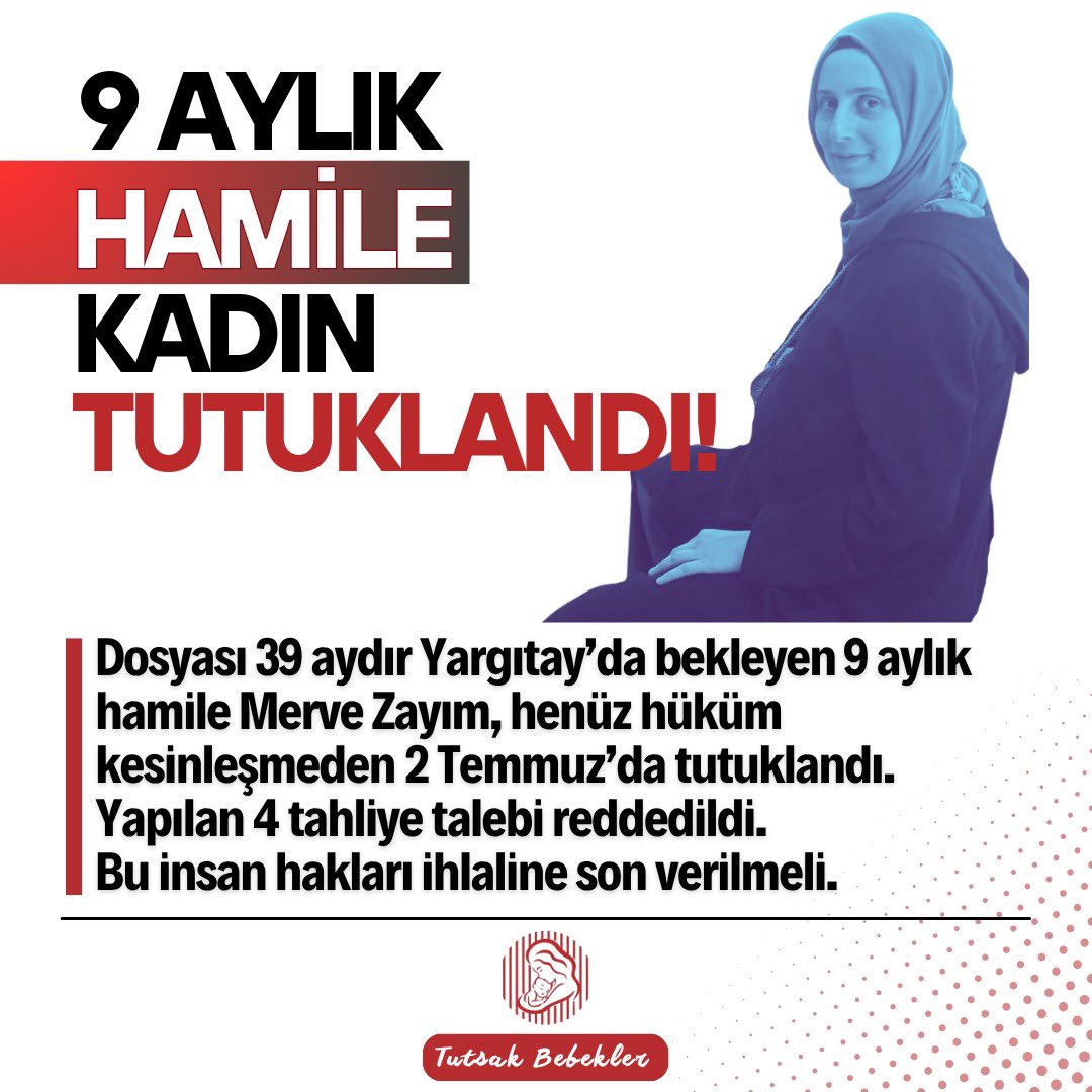 🚨 9 aylık hamile öğretmen Merve Zayım tutuklu!
📌 Cezası kesinleşmeden 2 Temmuz’da cezaevine girdi.
📌 Dosyası 39 aydır Yargıtay’da bekliyor.
📌 4 tahliye talebi reddedildi.

Bir bebeğin ilk nefesi demir parmaklıklar ardında olmamalı!

HapisteDoğuma SessizKalma