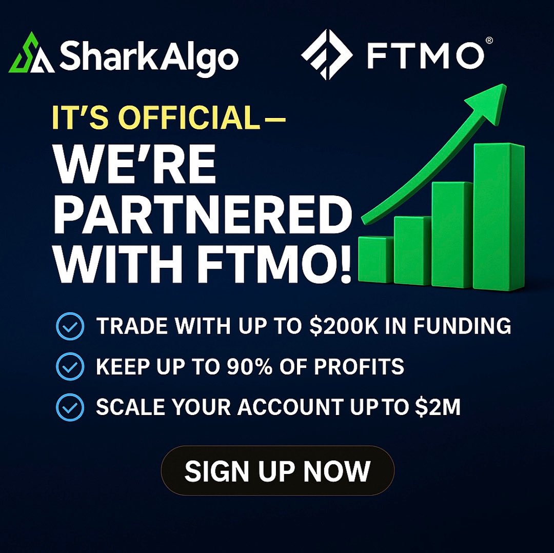 MySharkAlgo's tweet image. 🚨 BREAKING NEWS 🚨
We’ve officially partnered with FTMO 🎉
Your chance to:
✅ Get up to $200K in funding
✅ Keep 90% of profits
✅ Scale to $2M — without risking your own capital
💡 DM us to learn how you can use the SharkAlgo tools to increase your chance of funding!
👉 Or…