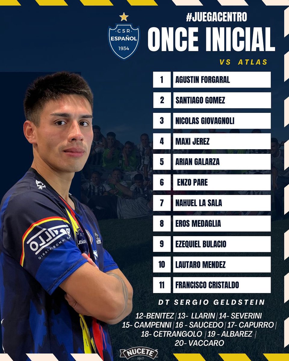 Estos son los 11 elegidos por Sergio Geldstein para enfrentarse a Atlas , por la fecha 21 de la Primera C - 🔵⚪️.

#VamosCentro #CentroEspañol #primerac