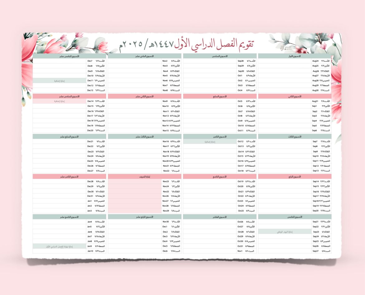 تقويم الفصل الدراسي الأول ١٤٤٧هـ 

drive.google.com/drive/folders/…

يحتوي الرابط على ٦ ملفات:
♦️٣ أشكال للفصل الدراسي الأول مع الإجازات الإضافية.
♦️٣ أشكال للفصل الدراسي الأول بدون الإجازات الإضافية.

وفق الله الجميع 💐