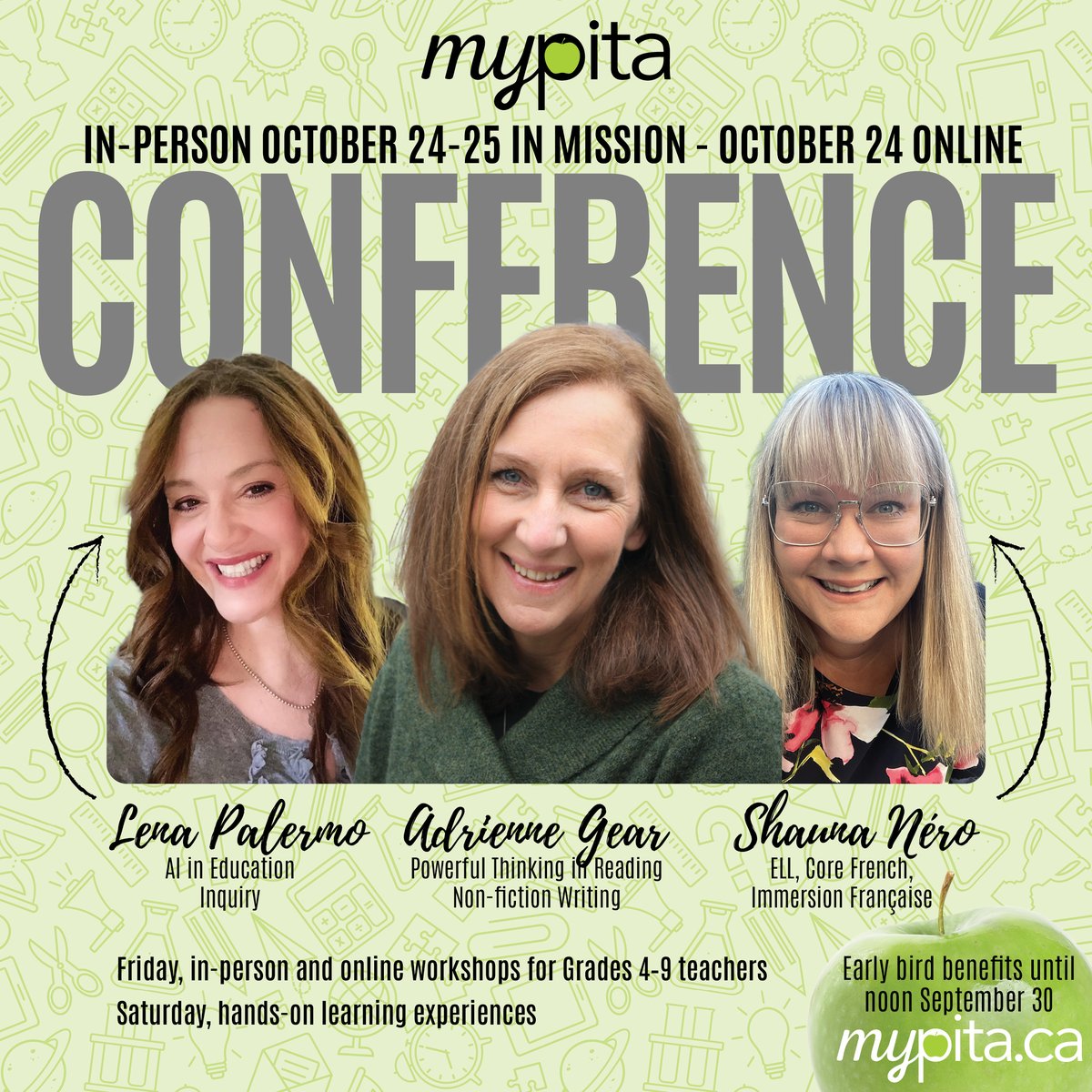 BCPITA's tweet image. Register at mypitaconference.ca for the early bird rate for the Provincial Intermediate and Middle Years Teachers&apos; Association myPITA Fall Conference in Mission on Oct. 24-25 and online on Oct. 24 featuring @AdrienneGear @LenaPalermo1 and more! #teacherprofessionaldevelopment
