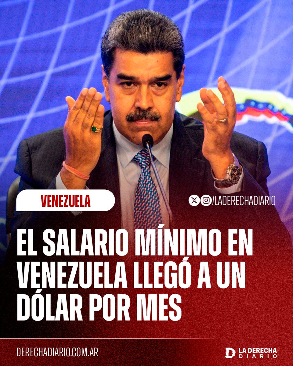 🚨🇻🇪 | EL SOCIALISMO DESTRUYE TODO LO QUE TOCA: El salario mínimo en Venezuela llegó a $1 dólar por mes por culpa del narcodictador asesino Nicolás Maduro.

Antes de la llegada de Chávez al poder, el salario mínimo era de entre $200 y $300 dólares.