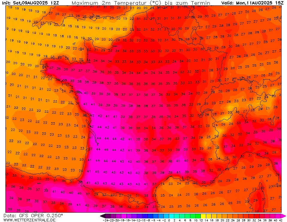 Astonishing levels of heat expected in France on Monday with temperatures possibly reaching 44/45°C. 

To be clear - This is NOT “normal” summer hot weather. The first time France exceeded 45°C was in 2019. 

This heat can be dangerous even for healthy / fit people.