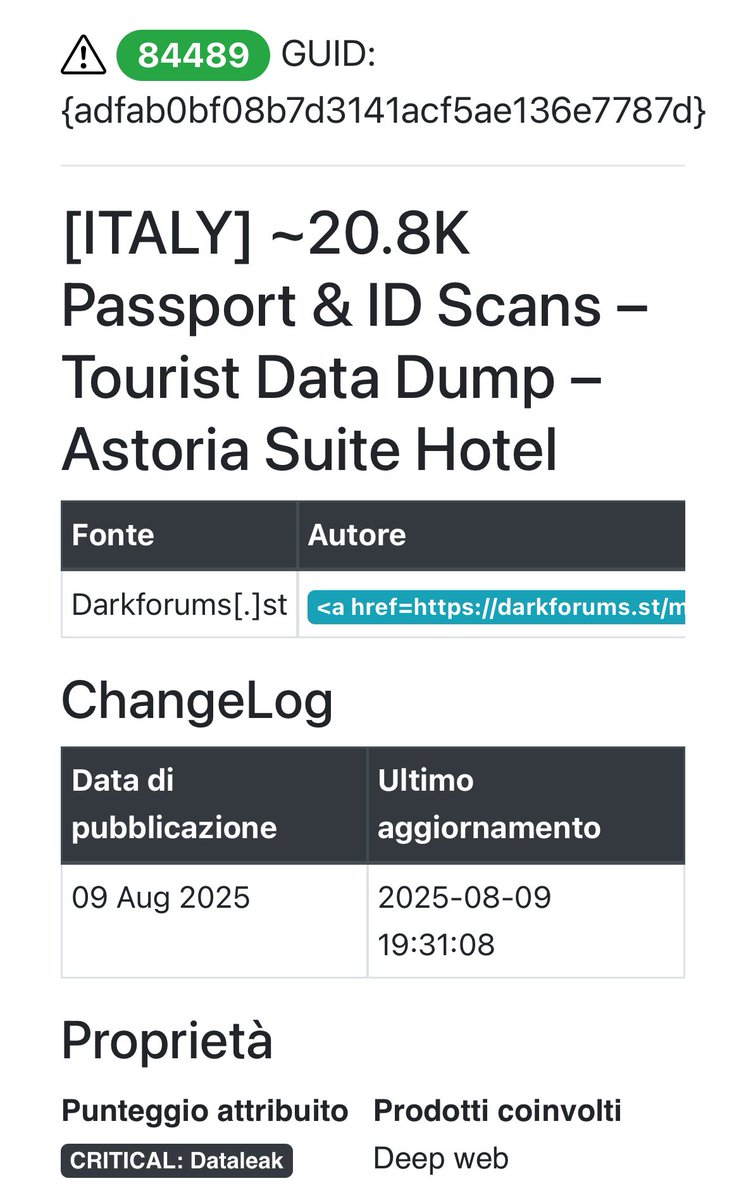 nuke86's tweet photo. #databreach Hotel italiani 🇮🇹
Un nuovo nome del turismo italiano si aggiunge alla lista delle precedenti perdite di dati, con documenti di identità di cittadini in vendita su forum underground!
#Astoria Suite #Hotel
☠️ sempre “mydocs”
🗃️20,8K Passaporti e ID https://t.co/L5qxeNq2Ly