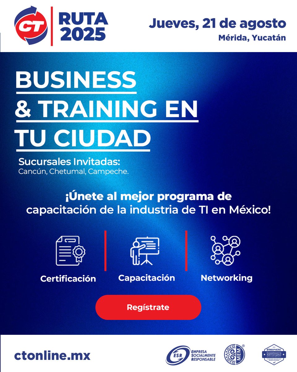 Ya te registraste 🤔? No te pierdas las mejores capacitaciones 👩‍🏫, certificaciones 👨‍💻 y Networking 🤝.

La Ruta CT 🚛 llega a 📍 Mérida y tu no puedes perderte el mejor evento de capacitación de la industria de TI en México

Regístrate 📝:
🌐 bit.ly/RutaCT-Mid