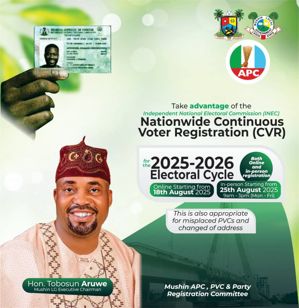ARUWE MAKES CLARION CALL TO RESIDENTS OF MUSHIN TO GET THEIR PVC

Aruwe's Official Call for 2025 Continuous Voter Registration

2025 NATIONWIDE CONTINUOUS VOTER REGISTRATION (CVR)

- Website: cvr.inecnigeria.org
- Start Date: Monday, August 18, 2025