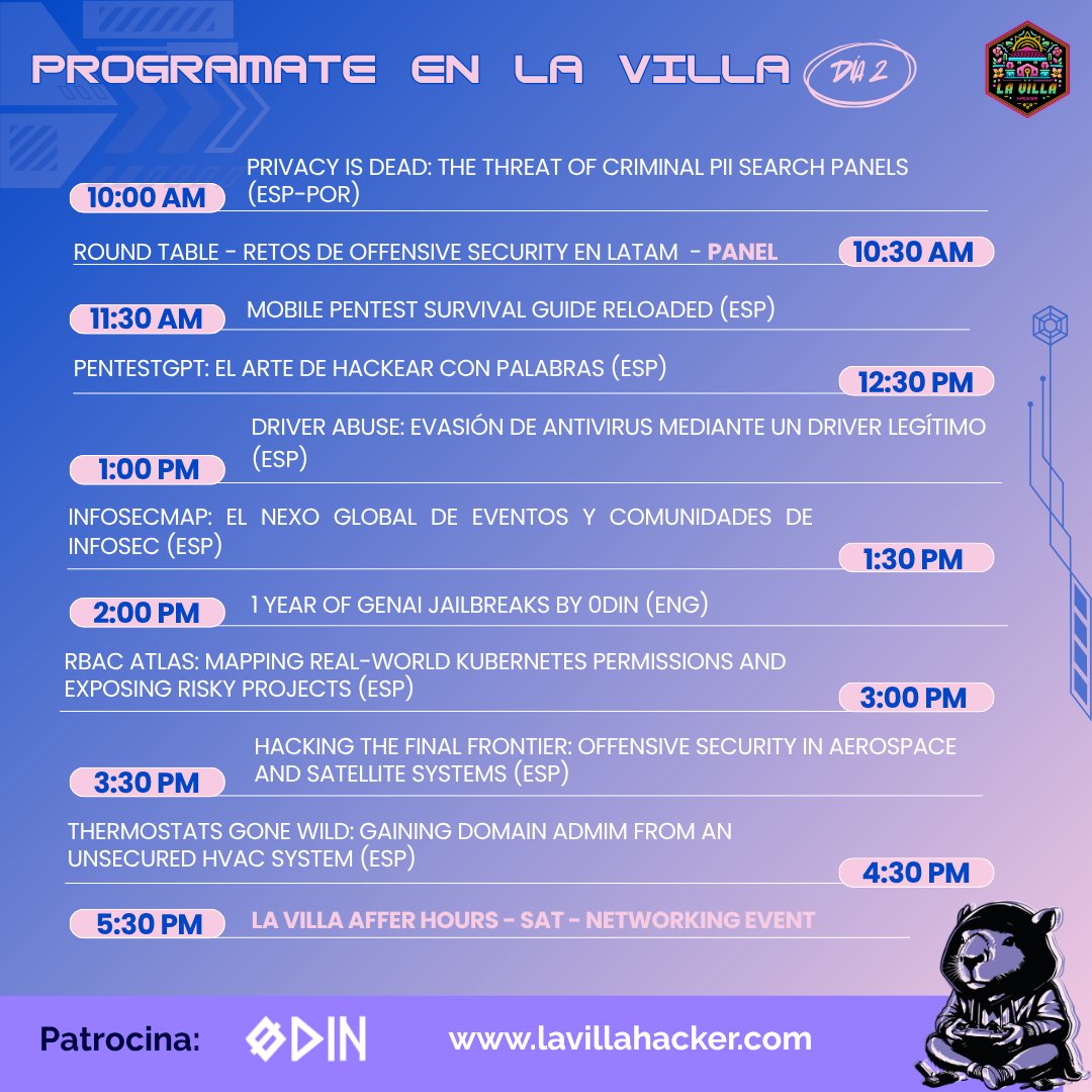 📢 ¡Arrancamos en La Villa Hacker – DEF CON 33! 🎉

🔴 Panel: Retos de Offensive Security en LATAM
🛡️ Talk: 1 Year of GenAI JailBreaks por 0din

💜 Conecta y aprende con la comunidad hacker en Las Vegas.
#lavillahacker #defcon33 #ciberseguridad #LasVegas
