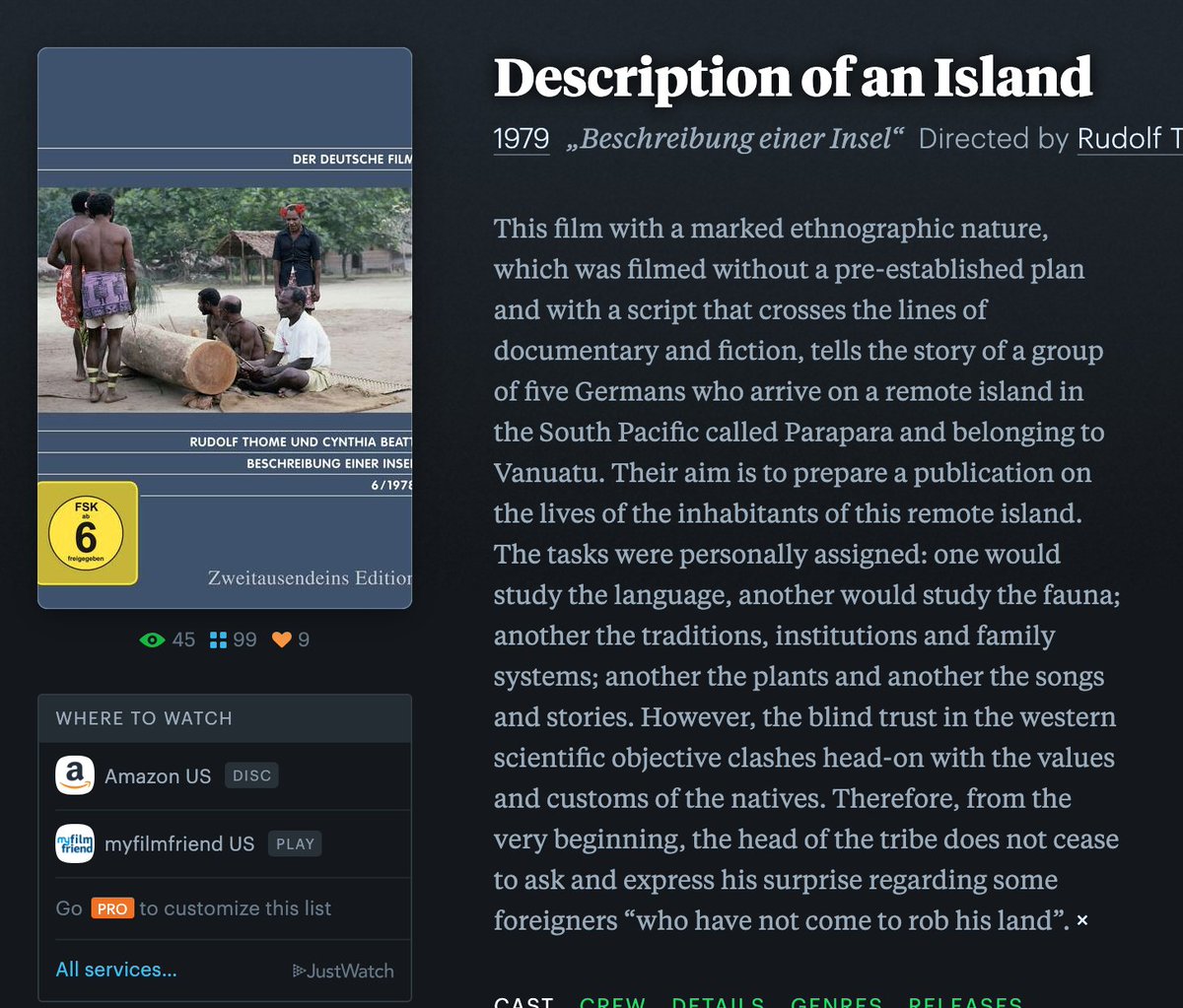 Excited to get into the filmography of Rudolf Thome, a member of the never-discussed New Munich Group who influenced and were influenced by Straub-Huillet's works in West Germany. Every title looks great.