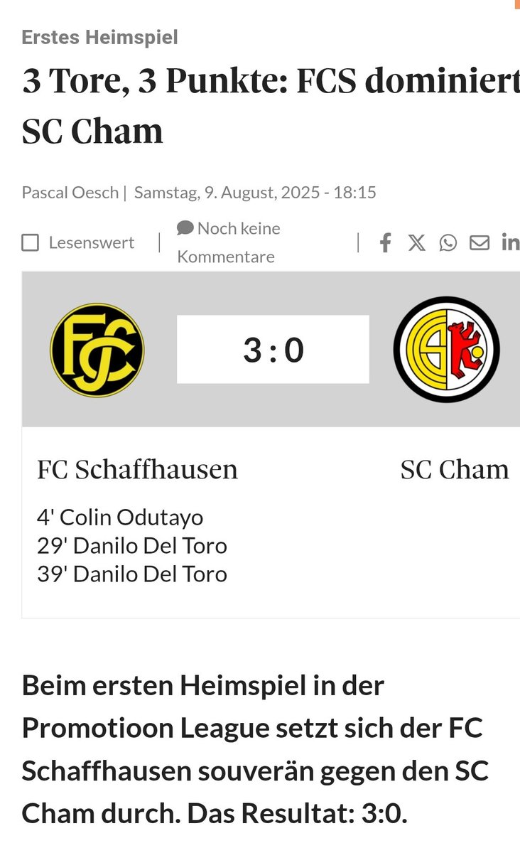 Match verpassen: 👎 3-0 gegen Cham gewinnen 👍

Sehr geil, dass Danilo del Toro als Identifikationsfigur nach zwei Spielen bei zwei Toren und einem Assist steht. 🤩 Hopp Schaffhuse!